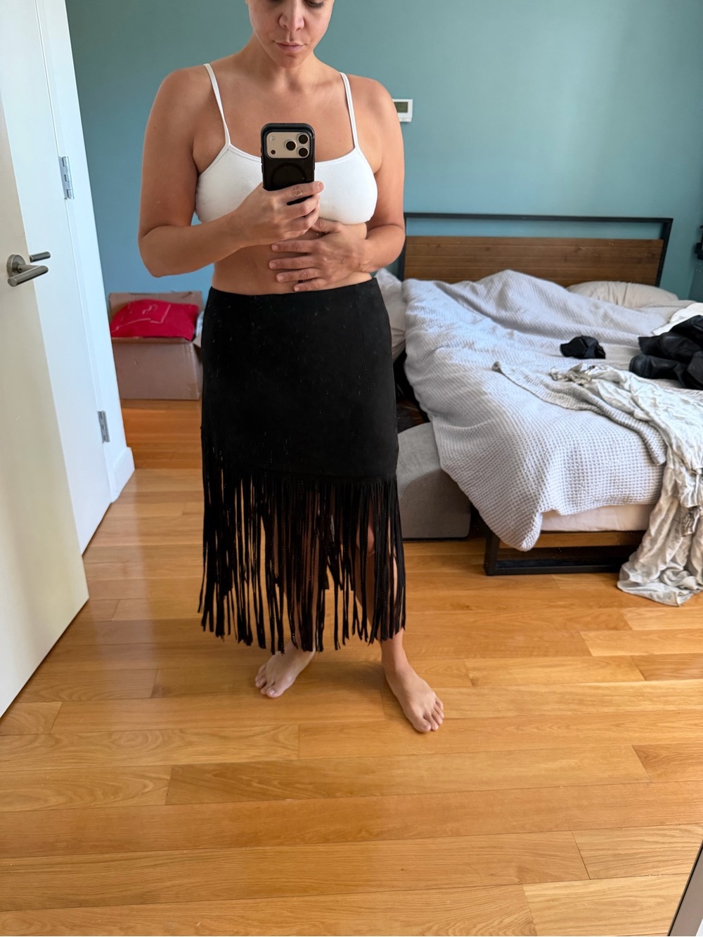 Women's Black Fringe Midi Skirt - Sleek Tassel Detail